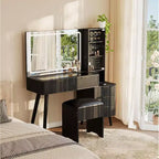 Coiffeuse de maquillage cannelée de 48 pouces avec grand miroir et lumières, coiffeuse de maquillage moderne avec station de charge et tabouret de rangement rembourré pour la maison