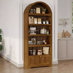 Libreria ad arco da 72 pollici con cassetto portaoggetti, mobile espositivo moderno a 6 ripiani in legno con ripiani aperti e cassetto inferiore, anta curva dell'armadio
