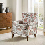 Fauteuil en bois traditionnel Araceli, rembourré à motifs floraux, avec dossier à oreilles et garniture cloutée | ART OF LIVING DESIGNS