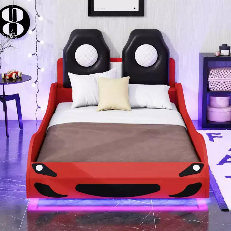 Letto a piattaforma a forma di auto da corsa Whisen Wood, formato singolo, con LED e schienale imbottito