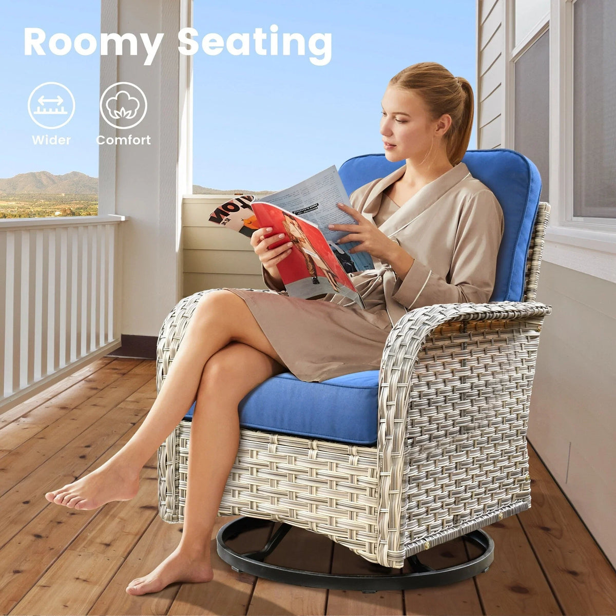 OVIOS Set di Sedie Girevoli da Esterno in Vimini a 9 Pezzi con Tavolo Fuoco