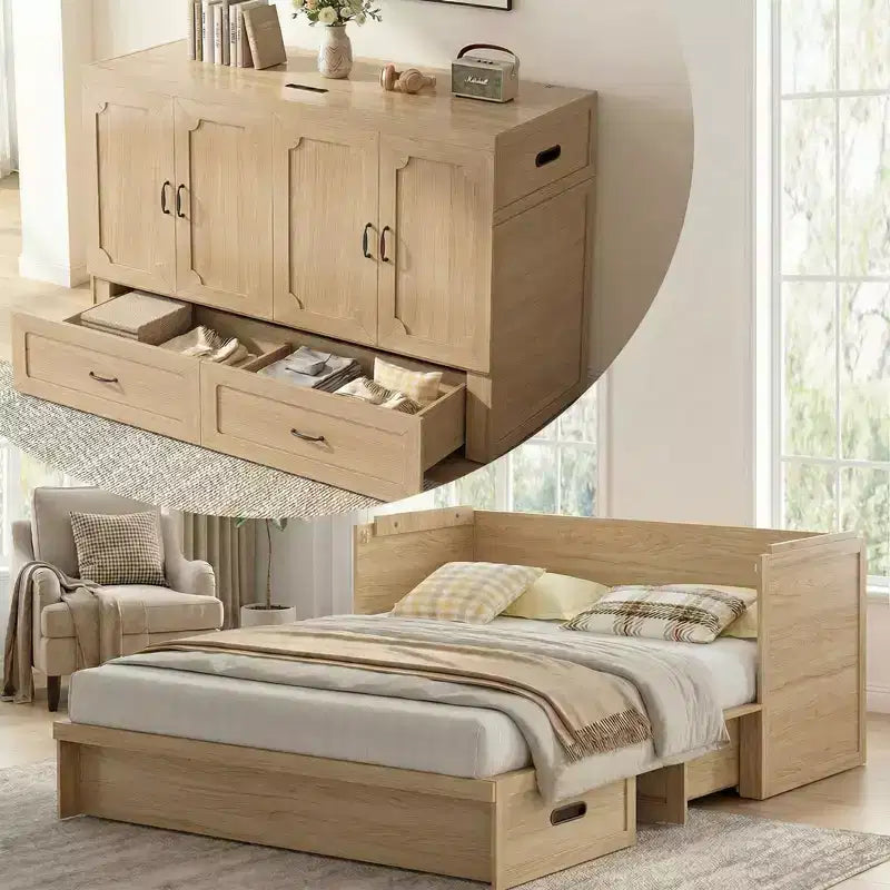 Lit escamotable convertible Queen Size Mjkone avec matelas, chargement USB, tiroirs de rangement