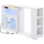 Îlot de cuisine roulant avec 2 portes en verre, Desserte de cuisine avec table extensible et prises de courant, Îlot de cuisine avec étagères ouvertes latérales