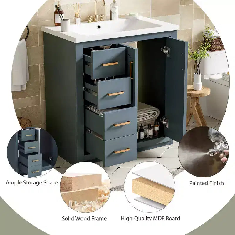 Mobile bagno singolo da 76 cm con lavabo, armadietto e 3 cassetti – Nero / Blu / Verde / Indaco / Bianco