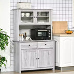 HOMCOM Credenza da Cucina 63,5 cm con Vetrina Superiore, Armadietto Dispensa con 4 Ripiani, Cassetti, Ante in Vetro, Ripiano Aperto per Microonde