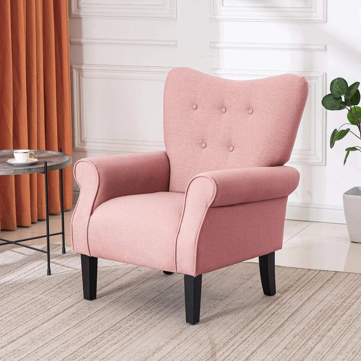 Poltrona moderna Erommy, Poltrona con schienale alto, Poltrona singola in tessuto imbottita con bottoni e gambe in legno per soggiorno