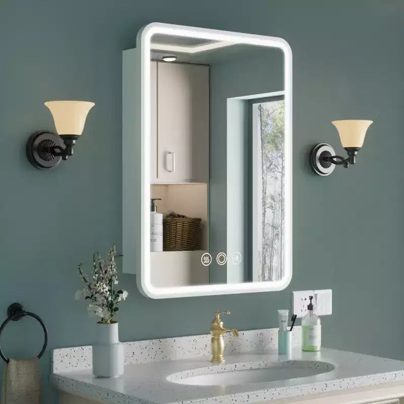 Mobiletto a specchio a LED nero/bianco/oro, anta singola, cerniera sinistra o destra, a incasso o a parete