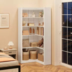 Libreria angolare a 5 ripiani a forma di L, in stile retrò, Bianco/Nero/Legno, singola