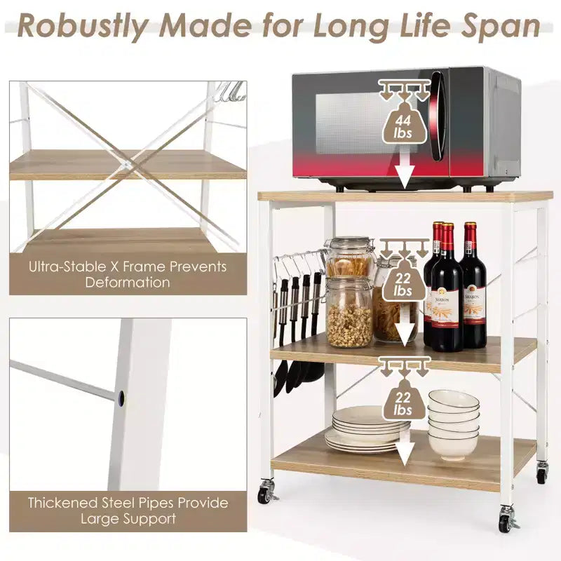 Scaffale da Cucina a 3 Livelli Costway, Carrello per Forno a Microonde con Gancio
