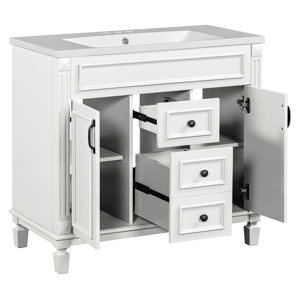 Mobile Bagno Moderno da 90cm con Lavabo Integrato e Specchiera, 2 Ante e 2 Cassetti
