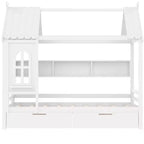Lit cabane avec tiroirs de rangement et fenêtre, cadre en bois massif avec étagères, design amusant et enfantin, blanc clair