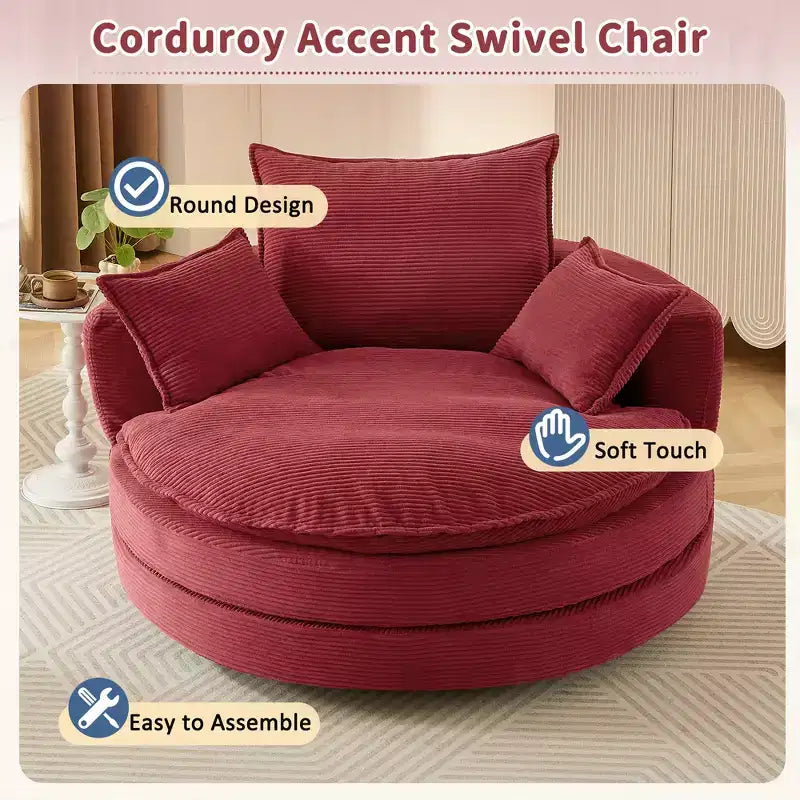Poltrona girevole a 360°, Poltrona a barilotto girevole rotonda con cuscino per soggiorno