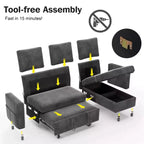 Divano Letto Estraibile 2 in 1 con Chaise Longue Contenitore, Divano Componibile in Ciniglia con Porte USB per Soggiorno