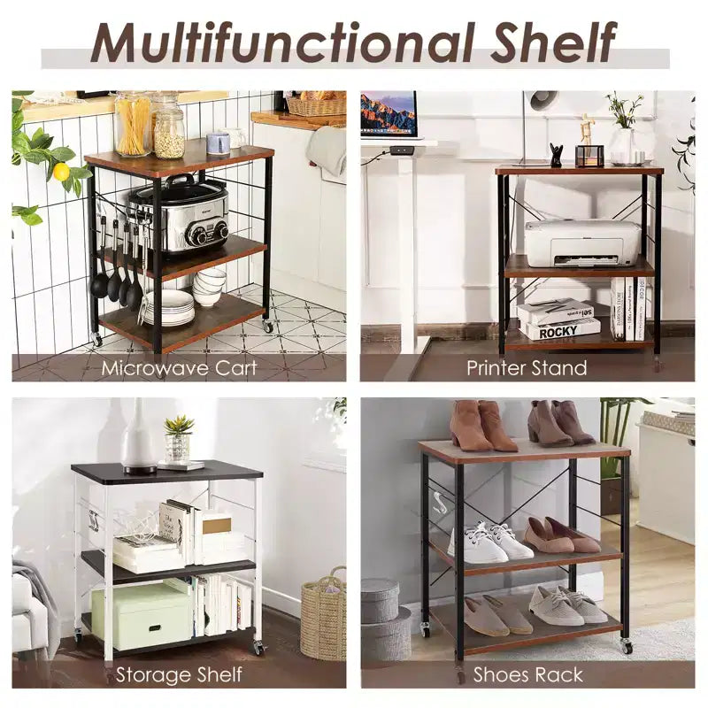 Scaffale da Cucina a 3 Livelli Costway, Carrello per Forno a Microonde con Gancio