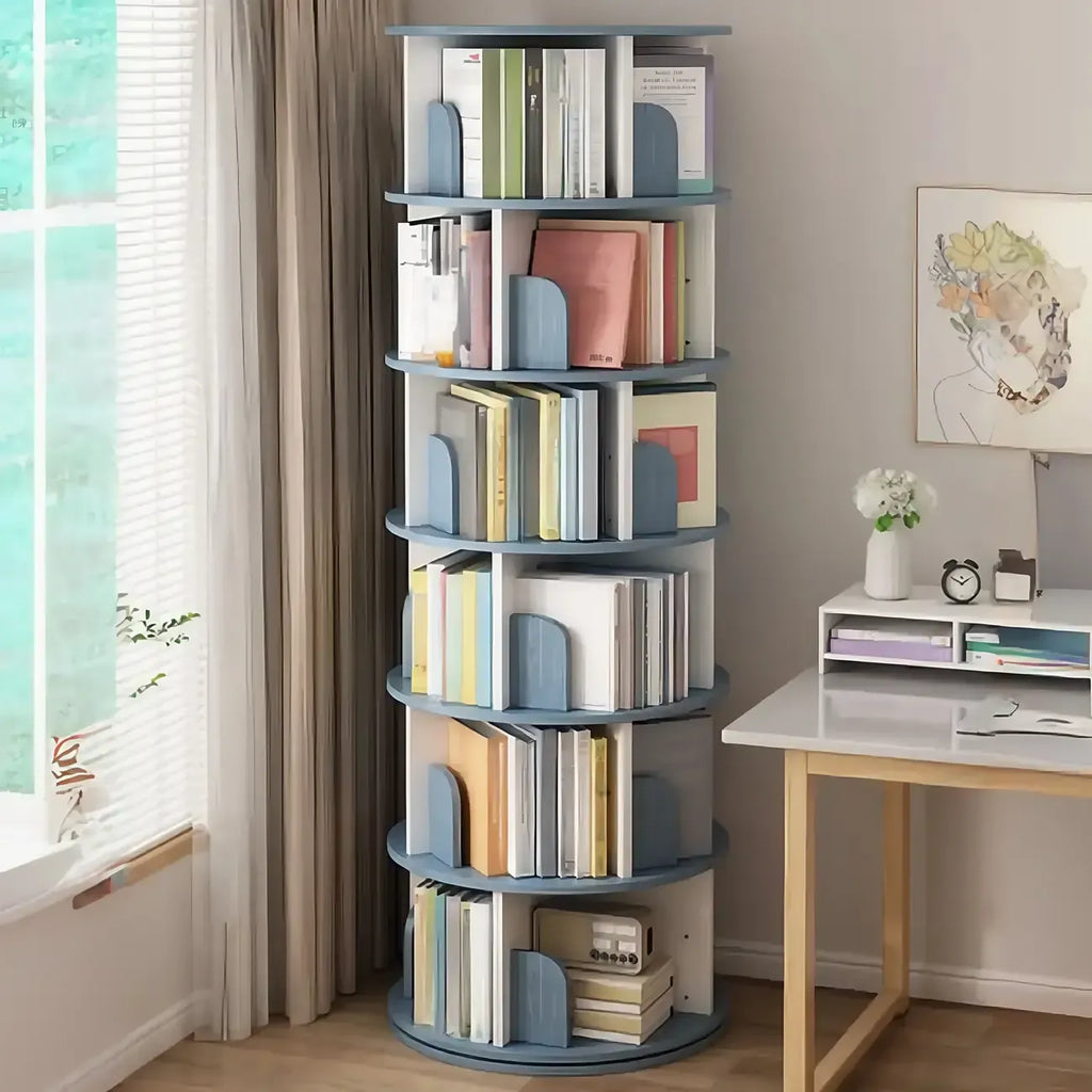 Libreria girevole cilindrica in legno marrone con schienale aperto
