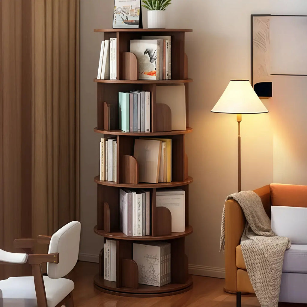 Libreria girevole cilindrica in legno marrone con schienale aperto