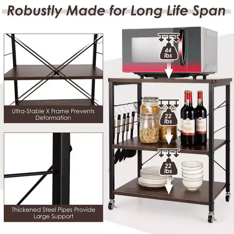 Scaffale da Cucina a 3 Livelli Costway, Carrello per Forno a Microonde con Gancio