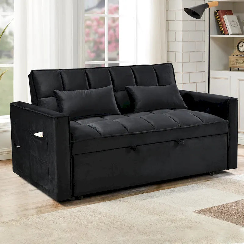 Divanetto futon moderno in velluto con schienale reclinabile e tasche, 2 posti – Grigio scuro / Grigio chiaro / Blu / Nero