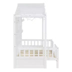 Letto a capanna per bambini con scaffali e sponde, Struttura letto in legno stile Montessori per bambini con finestra e striscia luminosa scintillante