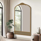 Specchio da parete marrone con cornice in legno ad arco intagliata classica e base in rattan, 37 pollici L x 71 pollici A