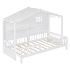 Letto a capanna per bambini con scaffali e sponde, Struttura letto in legno stile Montessori per bambini con finestra e striscia luminosa scintillante