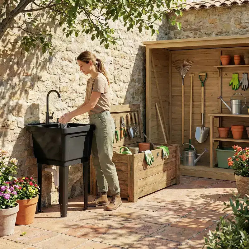 Lavatoio portatile con vasca, lavandino indipendente con rubinetto, dispenser sapone e tubi flessibili