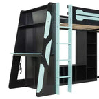 Letto a soppalco a L da gaming con scrivanie, letti a soppalco doppi con luci LED, porte USB, scaffali portaoggetti, letto a soppalco ad angolo in legno per 2