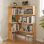 Libreria verticale angolare in legno con schienale aperto e finitura naturale