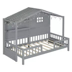 Letto a capanna per bambini con scaffali e sponde, Struttura letto in legno stile Montessori per bambini con finestra e striscia luminosa scintillante