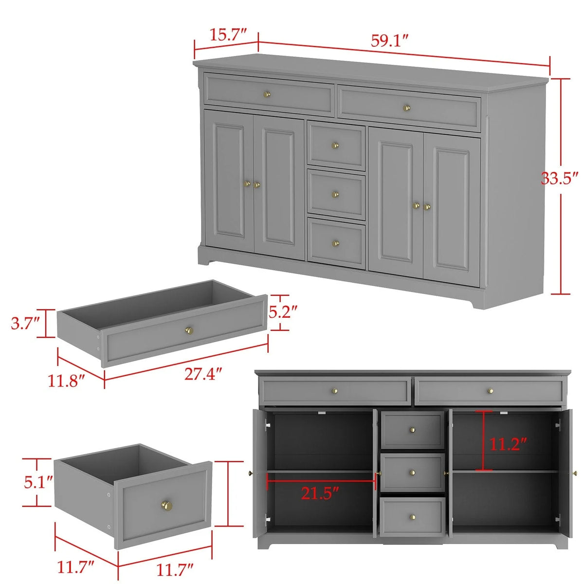 59.1'' Credenza Buffet Bianco Laccato Moderno Metà Secolo Contemporaneo