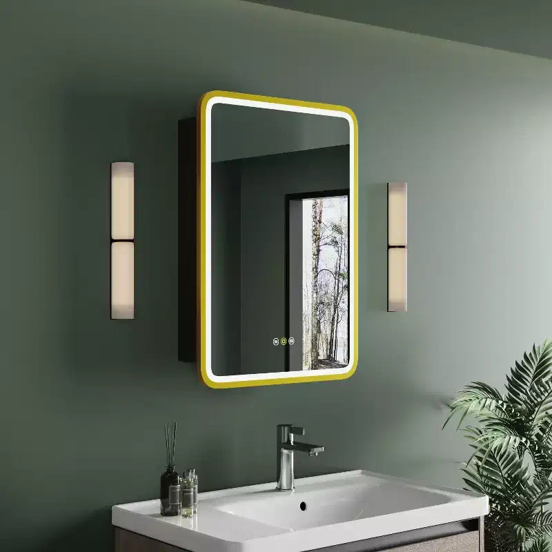 Mobiletto a specchio a LED nero/bianco/oro, anta singola, cerniera sinistra o destra, a incasso o a parete