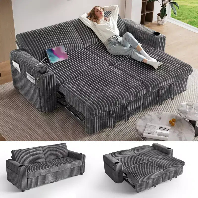 Divano Letto Sezionale Dyonery 91 con Letto Estraibile, Schienale Reclinabile/Due Letti Estraibili/Porte USB/Portabicchieri, Velluto a Coste Peluche