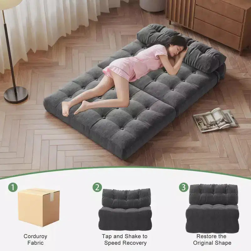 Divano Letto Futon Pieghevole in Velluto a Coste, Sedia Convertibile da Pavimento con Cuscino e Supporto per la Schiena