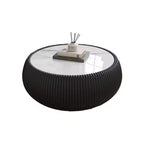 Tavolino Moderno Rotondo a Tamburo Okak con Piano in Marmo e Lato in Pelle, Tavolino da Centro alla Moda per Soggiorno, Camera da Letto