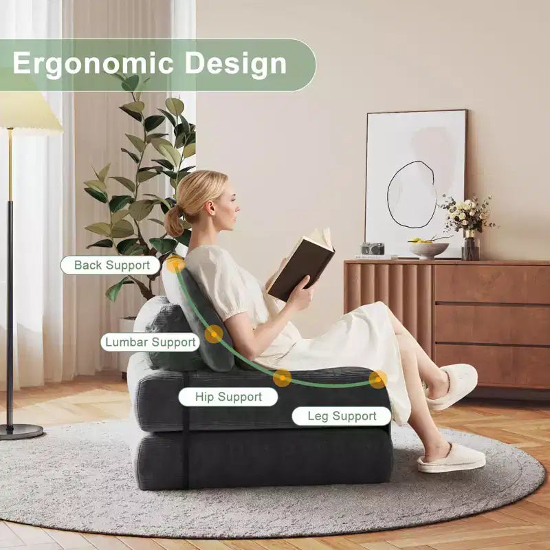 Divano Letto Futon Pieghevole in Velluto a Coste, Sedia Convertibile da Pavimento con Cuscino e Supporto per la Schiena