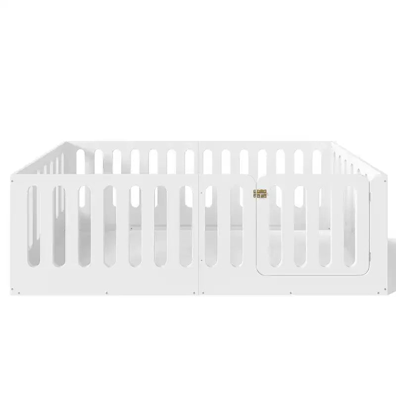 Letto Montessori Matrimoniale Bianco a Terra con Spondine e Porta – Legno Massello, 1 Bambino