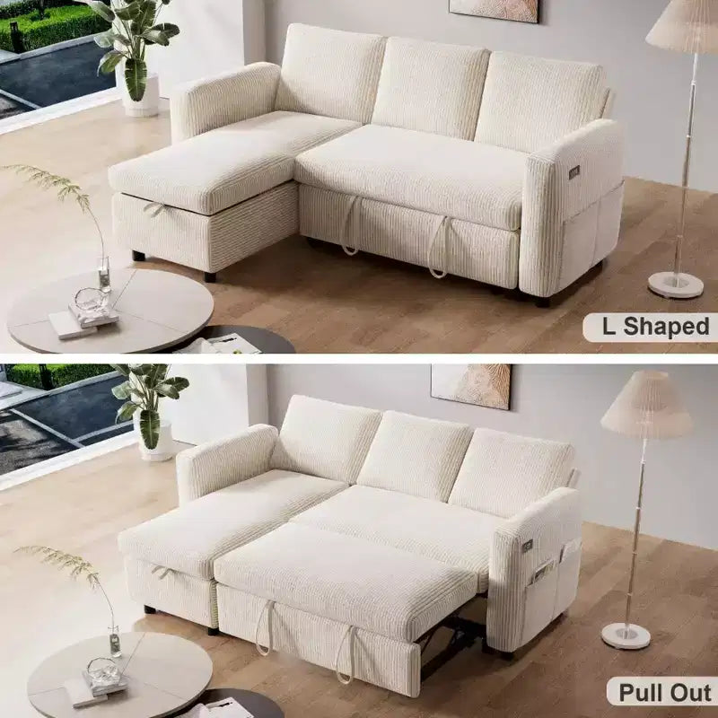 Divano Letto Estraibile 2 in 1 Dyonery con Chaise Longue Contenitore e USB, Divano Angolare in Velluto a Coste per Soggiorno