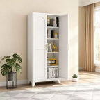 Homy Casa Meuble de rangement à 4 portes avec panneaux en rotin et étagères réglables pour salon, salle à manger ou entrée, Noir et Naturel