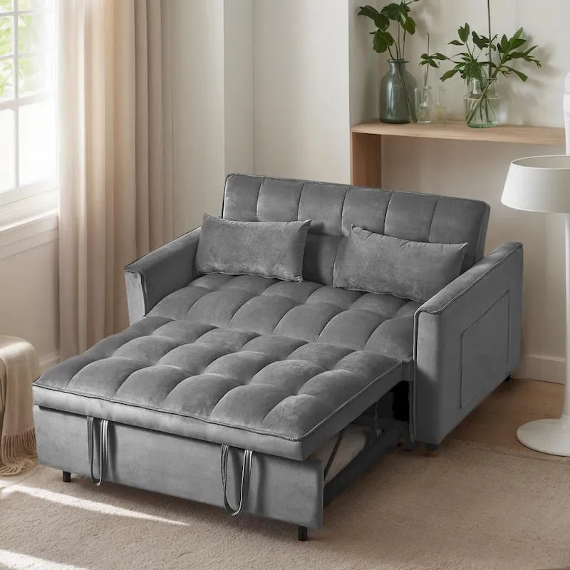 Divanetto futon moderno in velluto con schienale reclinabile e tasche, 2 posti – Grigio scuro / Grigio chiaro / Blu / Nero