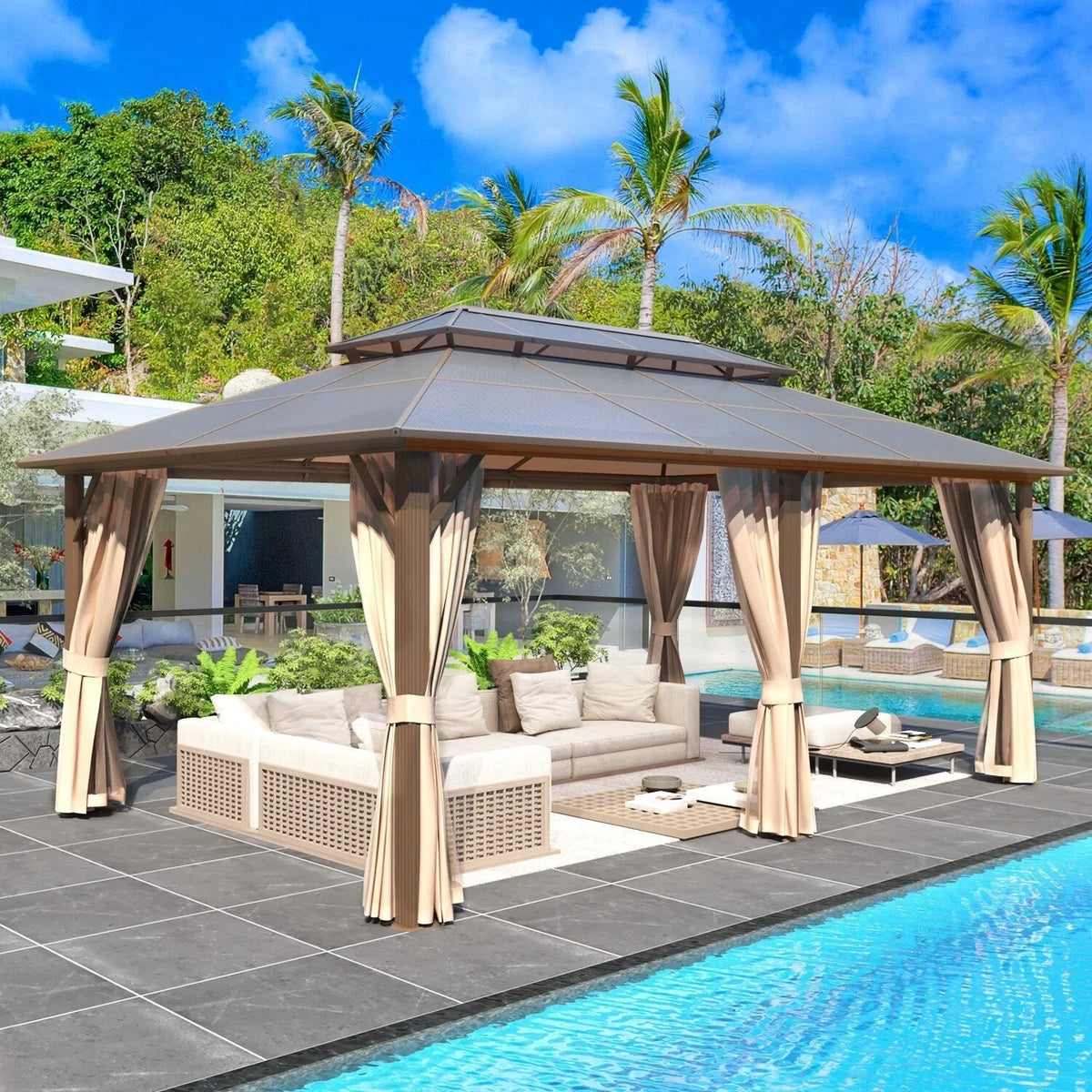 EROMMY Gazebo a tetto rigido, Pergola da esterno con doppio tetto, zanzariere e tende, Tenda da sole resistente per patio, cortile, feste in piscina