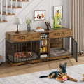 Mobile 2 Ciotole 82", Cuccia Grande per 2 Cani da Interno, Robusta Gabbia per Cani in Legno con Mobile Porta TV, 4 Cassetti e Ripiani