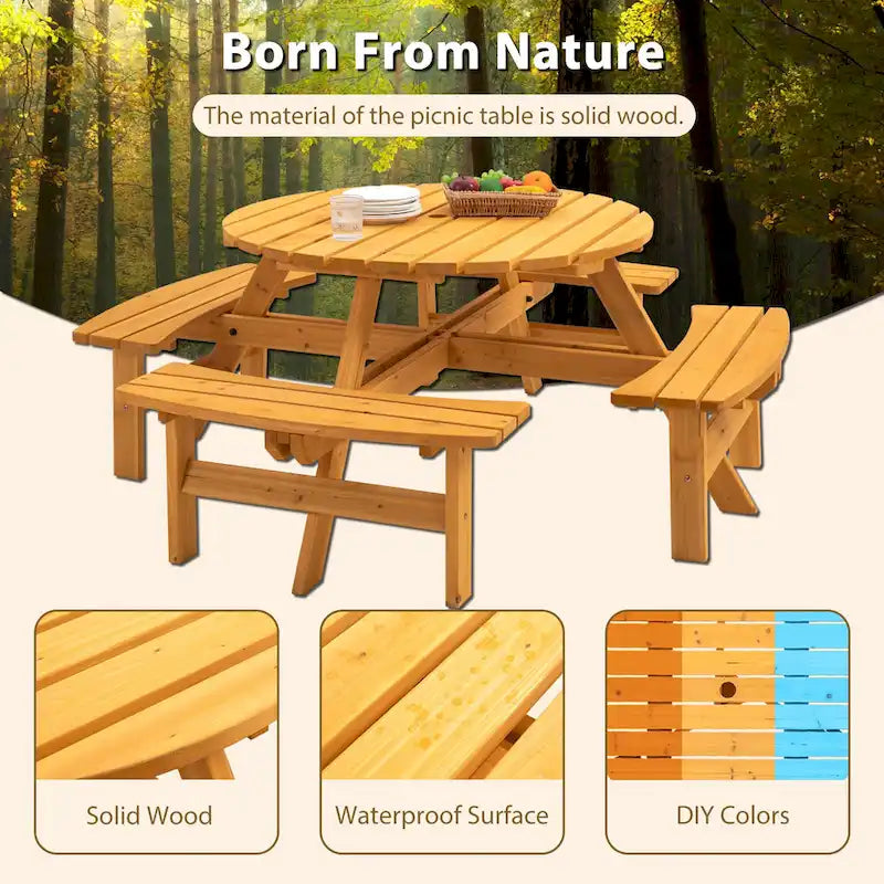 Set da pranzo rotondo da picnic per 8 persone in legno di abete da esterno con 4 panche integrate e foro per ombrellone