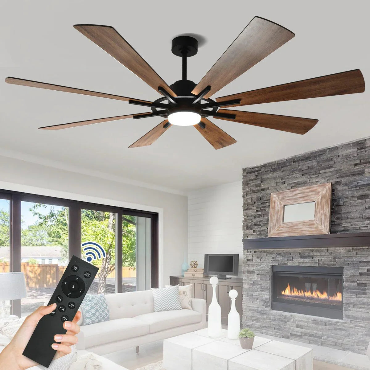 Ventilatore da soffitto con luci telecomandato e 8 grandi pale in legno