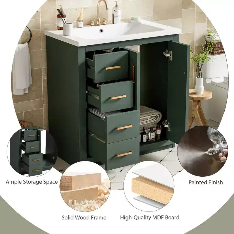 Mobile bagno singolo da 76 cm con lavabo, armadietto e 3 cassetti – Nero / Blu / Verde / Indaco / Bianco