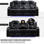 Divano Reclinabile Elettrico con Caricatore Wireless, Luce da Lettura per Soggiorno, Luce LED in Similpelle, Porta AC/USB, Portabicchieri, Nero