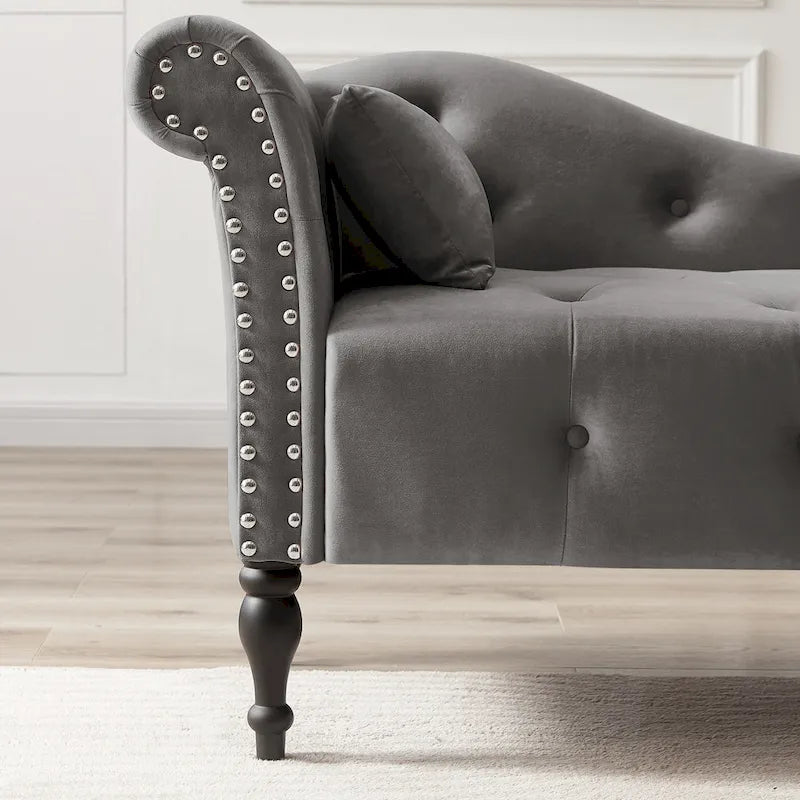 Moderna poltrona a sdraio imbottita in velluto da 60,6" con bottoni capitonné, gambe in legno massello e borchie