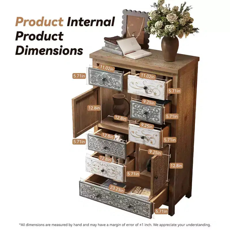 Cassettiera vintage in legno con 6 cassetti e 2 armadietti, comò rustico intagliato multicolore per soggiorno