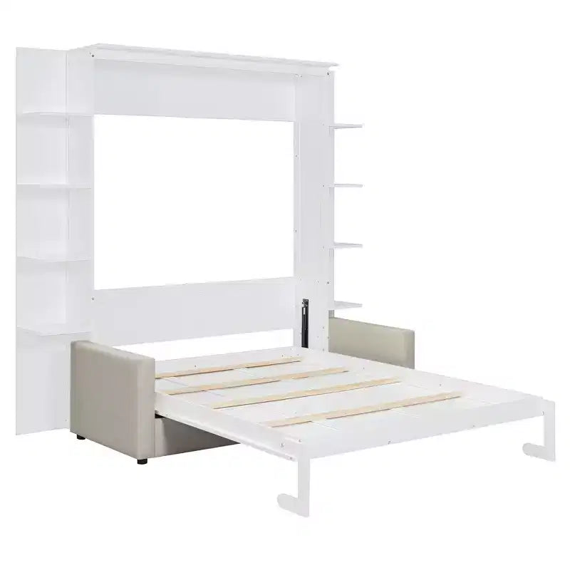 Letto a scomparsa Queen Murphy con divano, letto a scomparsa Queen Size con armadio, letto a parete pieghevole con libreria e mensole per camera degli ospiti o ufficio