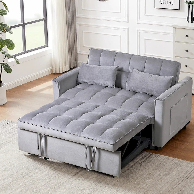 Divanetto futon moderno in velluto con schienale reclinabile e tasche, 2 posti – Grigio scuro / Grigio chiaro / Blu / Nero