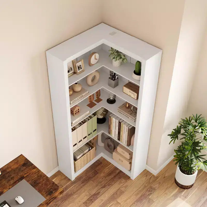 Libreria angolare a 5 ripiani a forma di L, in stile retrò, Bianco/Nero/Legno, singola